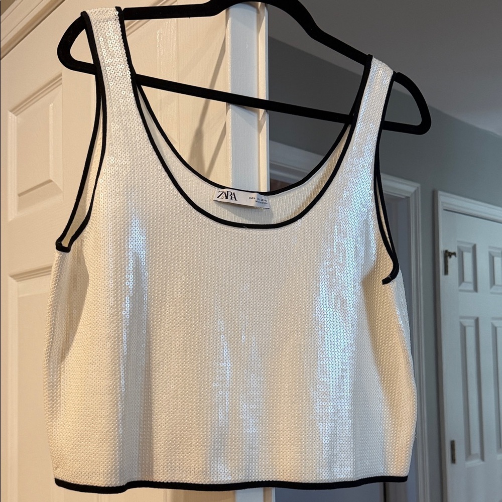 Zara White Sequin Crop Top with Black Trim